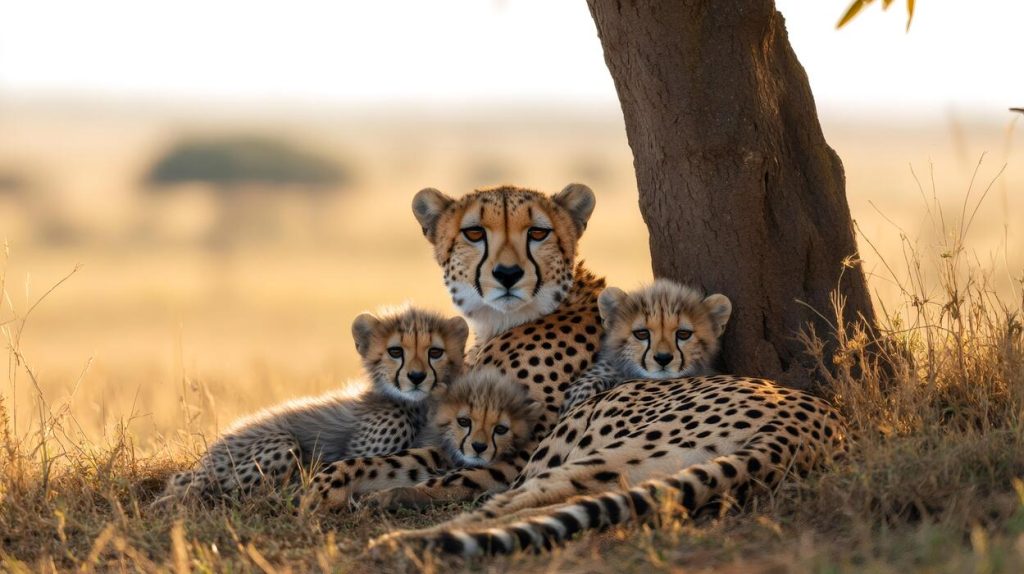 cheetah family resting under a tree in the african savanna photo