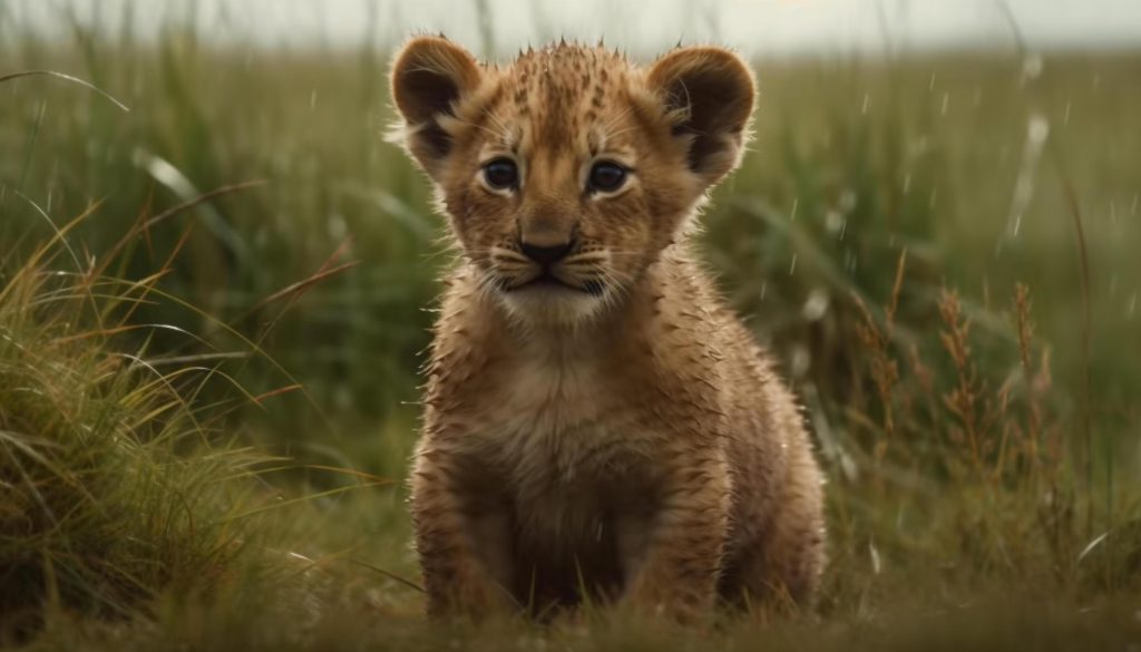 lion cub hiding in grass looking