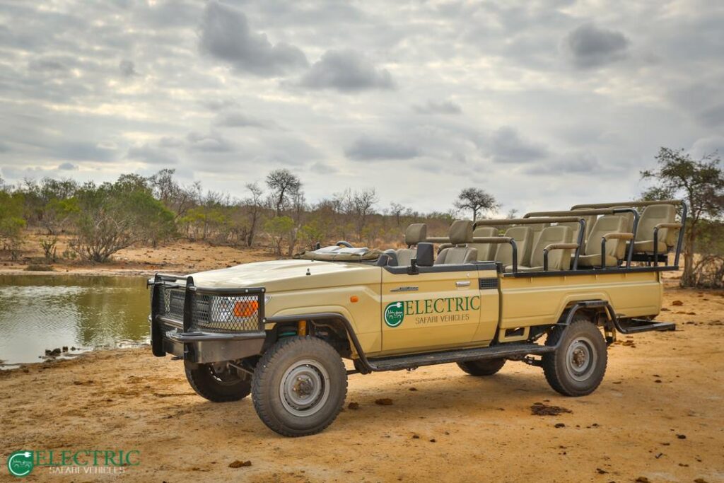 Electric safari vehicle on game drive in East Africa
