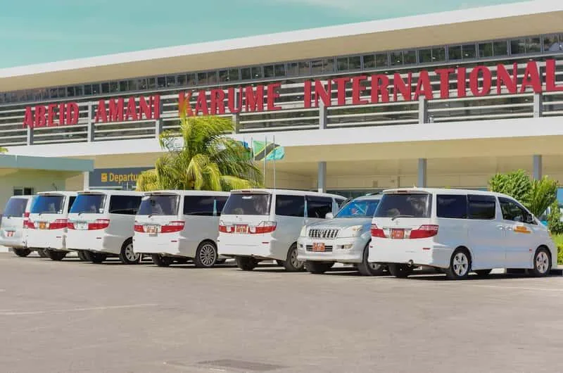 Transfer vehicles outside Abeid Amani Karume International Airport in Zanzibar