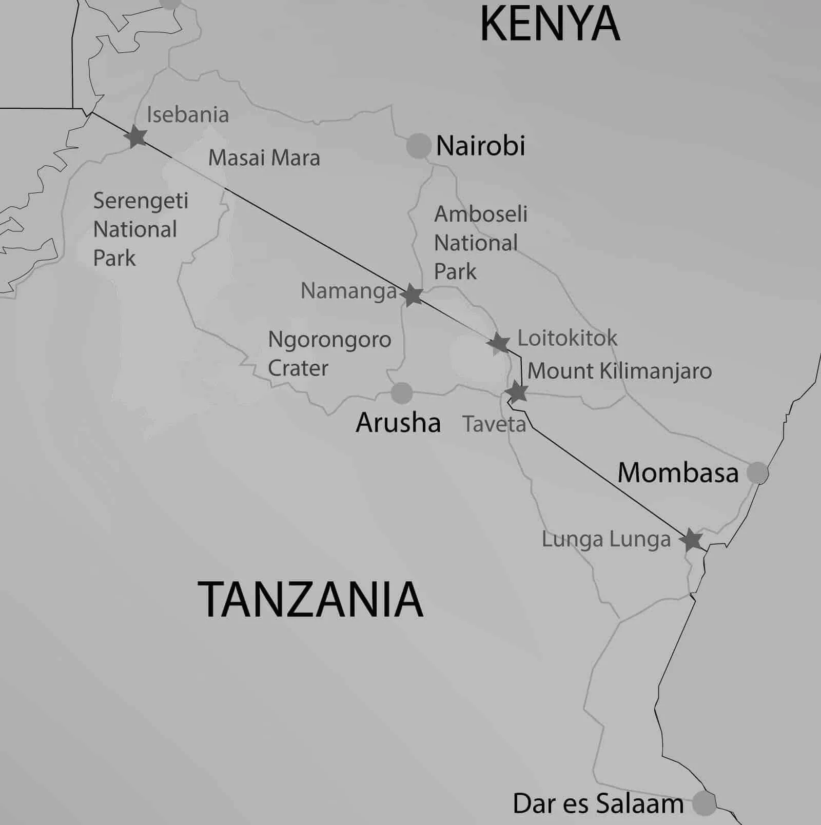 Map of Kenya–Tanzania border crossings at Isebania, Namanga, Loitokitok, Taveta and Lunga Lunga