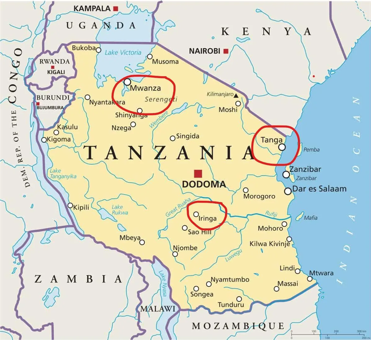Map of Tanzania showing Zanzibar and neighbouring Kenya, Uganda, Rwanda, Burundi, DR Congo, Zambia, Malawi and Mozambique